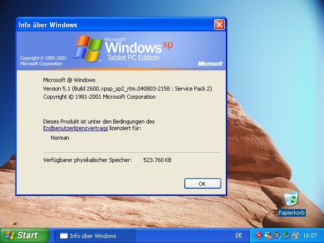 Die WinVer der XP TabletPC 2004