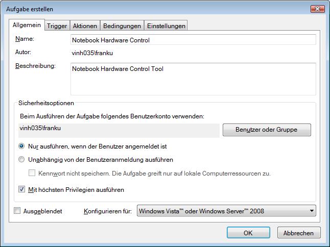 Aufgabenplanung - Tabreiter Allgemein