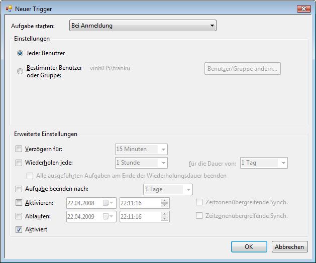 Aufgabenplanung - Tabreiter neuer Trigger