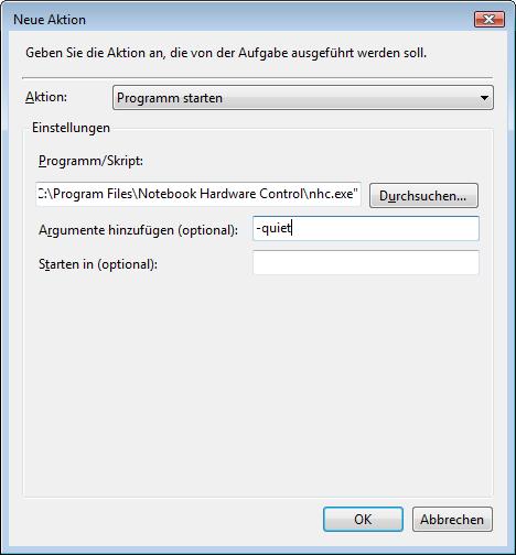 Aufgabenplanung - Tabreiter neue Aktion