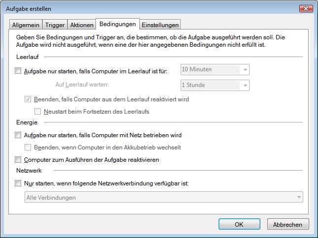 Aufgabenplanung - Tabreiter Bedingungen