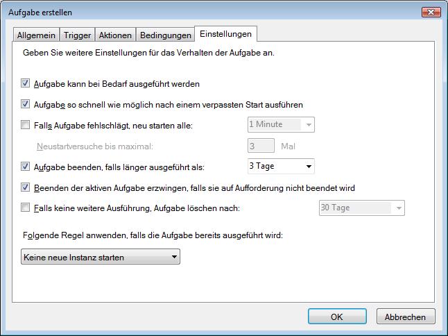 Aufgabenplanung - Tabreiter Einstellungen