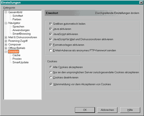 Cookie einstellungen im Communicator